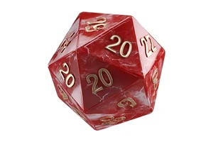 A red 20-sided dice with gold numbers used for Dungeons & Dragons (D&D).