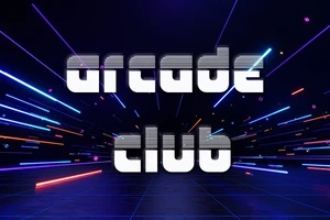 The words "arcade club" are displayed in white letters over an abstract graphic that resembles a space-like, dark tunnel with streaks of light and a tiled floor.