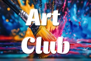 The words "Art Club" are displayed in big white letters over a paint brush with many colors of paint.