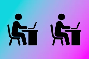 A graphic of two silhouettes over a gradient of teal to fuschia.