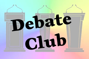 A graphic of faded podiums over a faded rainbow with black text displaying the words "Debate Club."