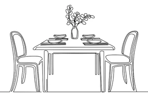 A black and white outline graphic of a table and chairs