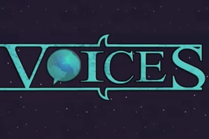 Graphic text reading "Voices" over a dark blue background with stars