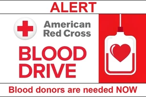 A stylized icon of a heart in a blood bag to the right of the American Red Cross logo and the text "blood drive" in red, all capital letters. At the top and bottom are white banners with red text that reads "Alert" in all caps on top and "Blood donors are needed NOW" with the word "now" in all caps on bottom.