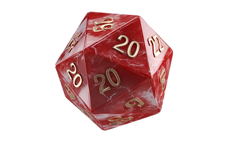 A red 20-sided dice with gold numbers used for Dungeons & Dragons (D&D).