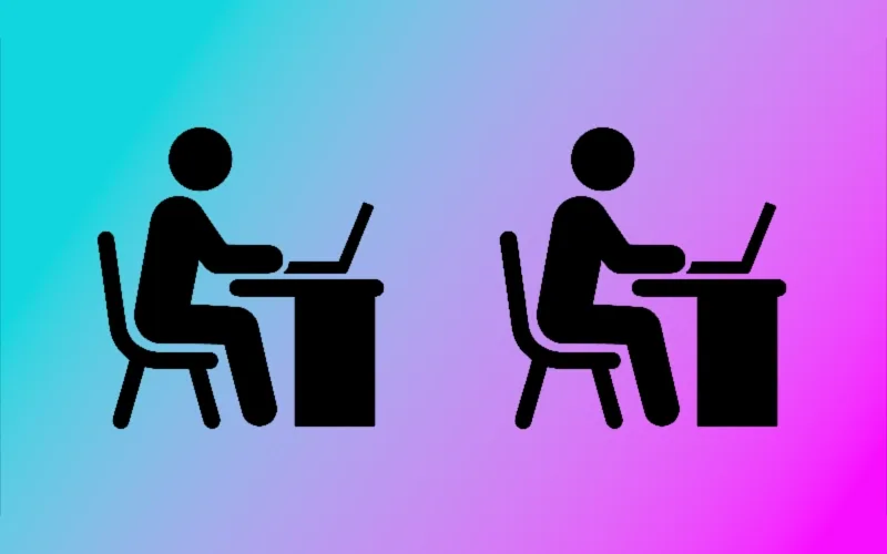 A graphic of two silhouettes over a gradient of teal to fuschia.