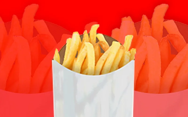 A graphic of fries is in the foreground, over a red background with faded graphics of fries.