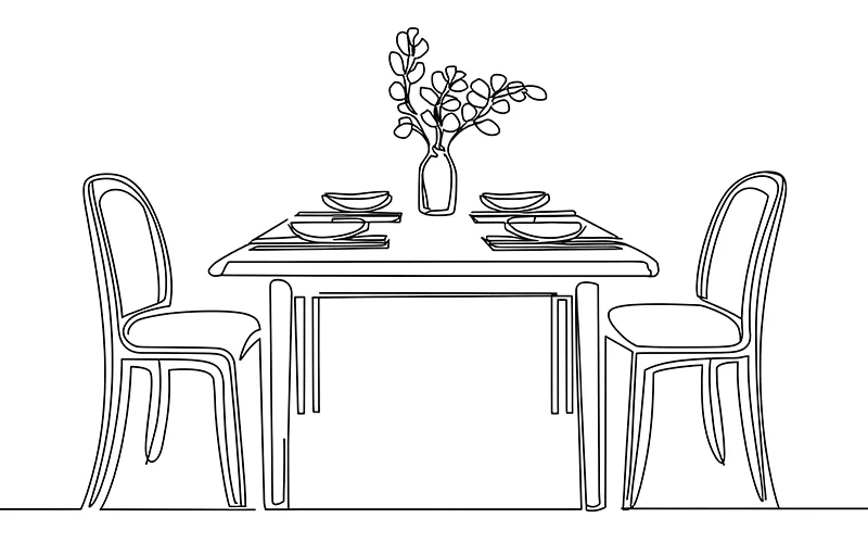 A black and white outline graphic of a table and chairs