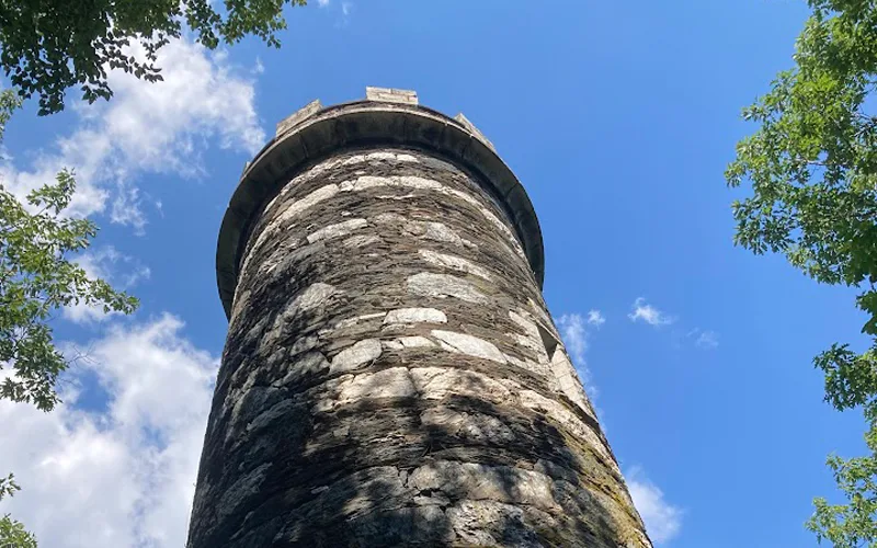The top of a tower against a blue sky with treetops.