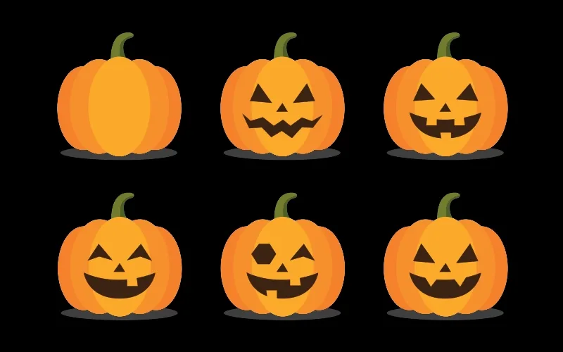 Six jack-o-lanterns making different faces, with the first one uncarved, over a black background.