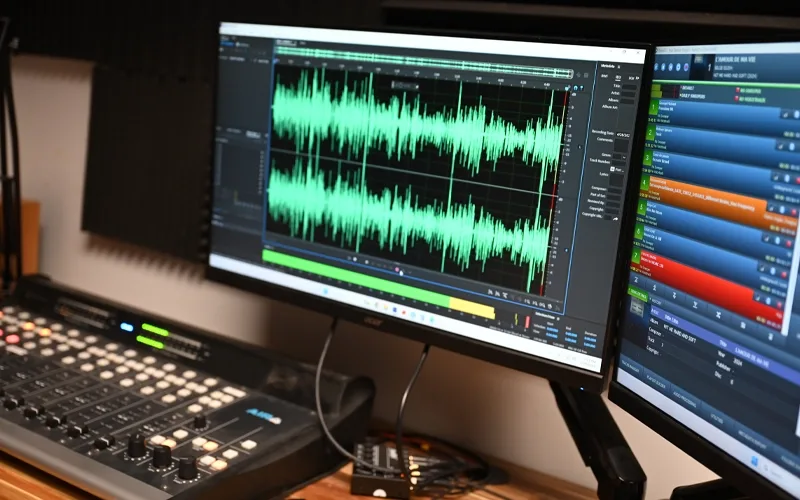 Two computer monitors and a soundboard. A software program shows tracks and sound waves.