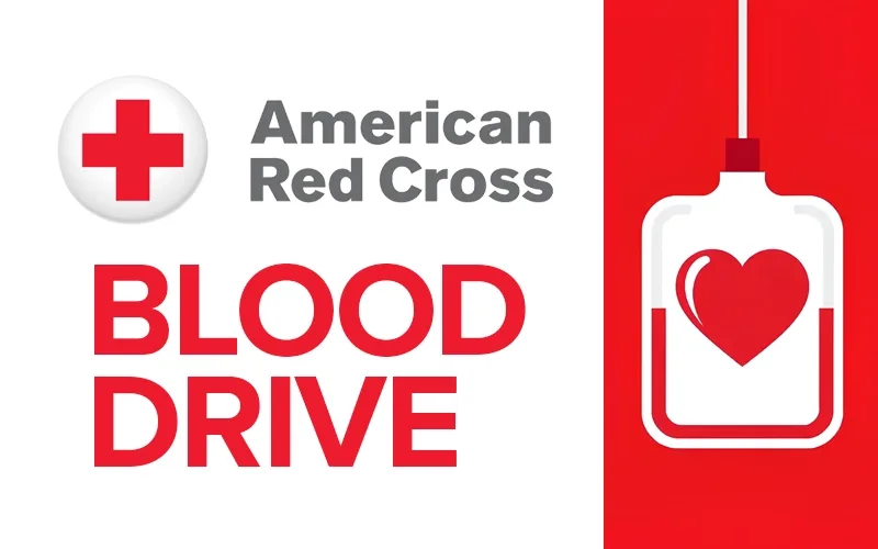 A stylized icon of a heart in a blood bag to the right of the American Red Cross logo and red blood drive.