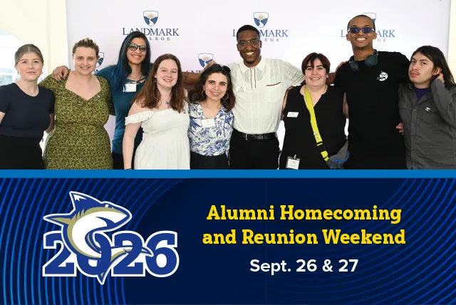 Cover design for the 2026 Homecoming postcard with a group of LC alumni.