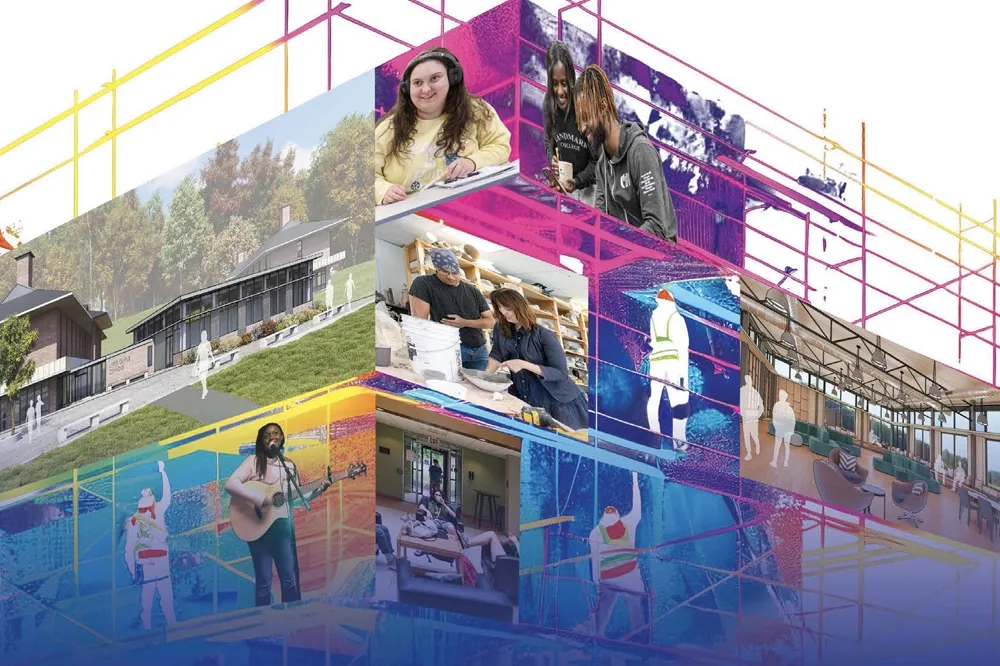 A colorful abstract college with students on construction scaffolding.