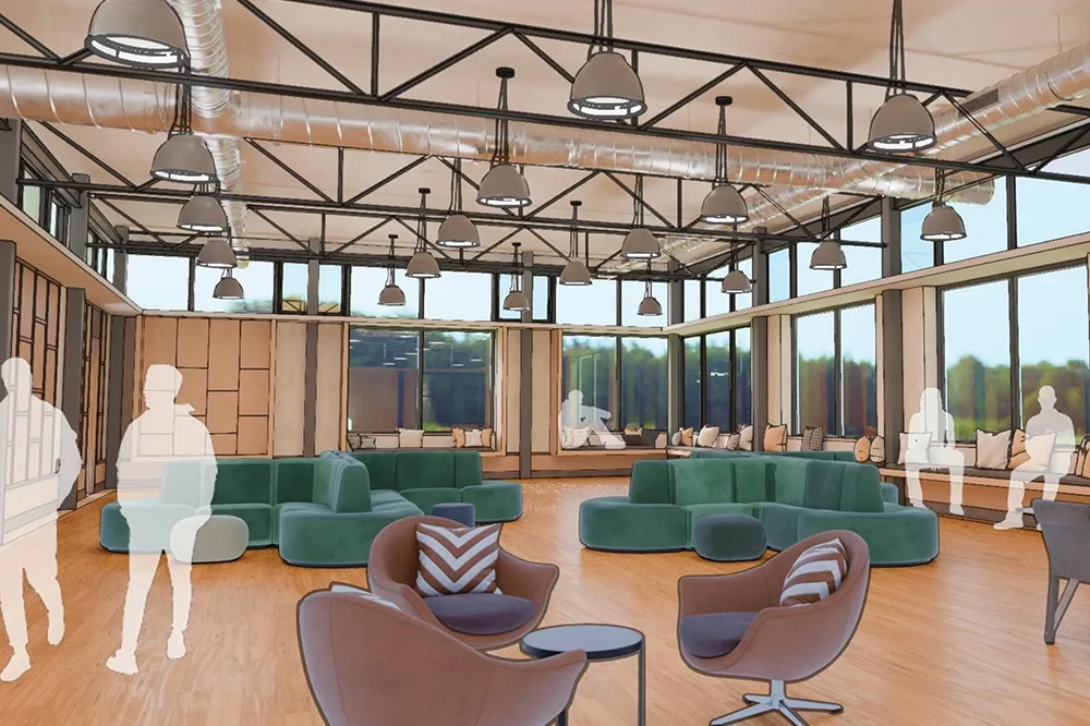 Architectural rendering of the inside of the Upper Campus Commons building.