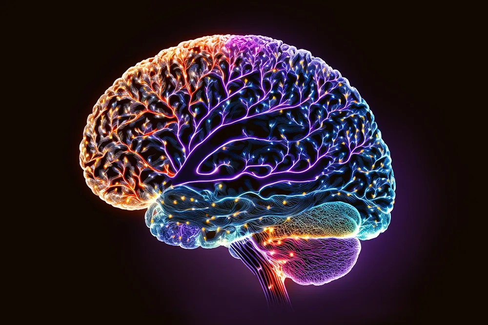 Colorful painting art of a brain with glowing neural pathways.
