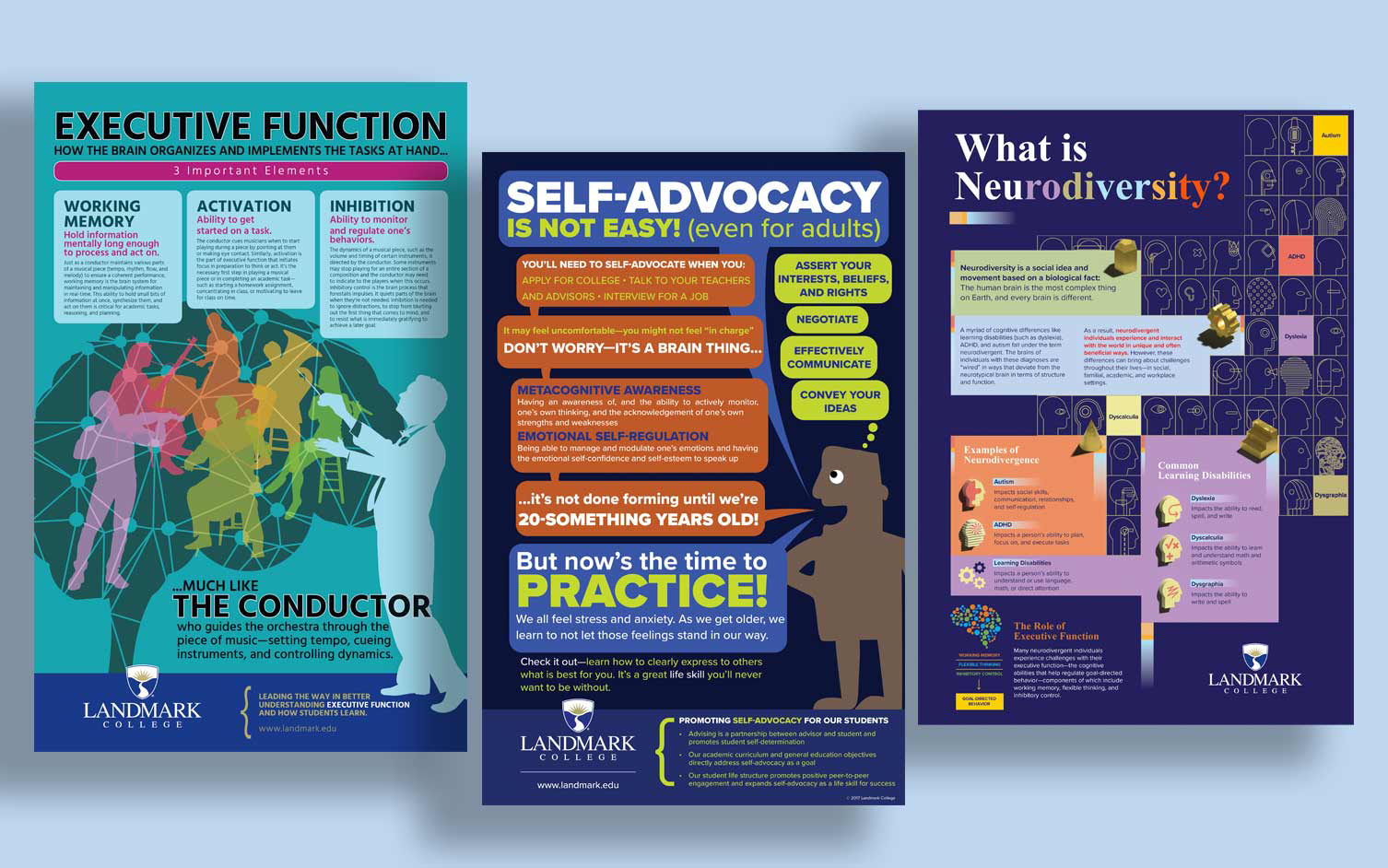 Thumbnails images of three infographics created by Landmark College. One on self-advocacy, one on executive function and one on neurodiversity.