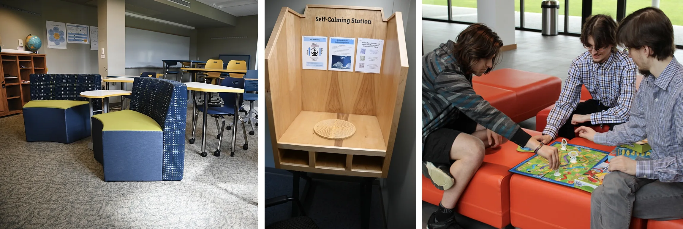 A collage of three spaces that include a classroom with blue green chairs, a wooden self-calming station, and three students playing a board game on bright orange furniture.