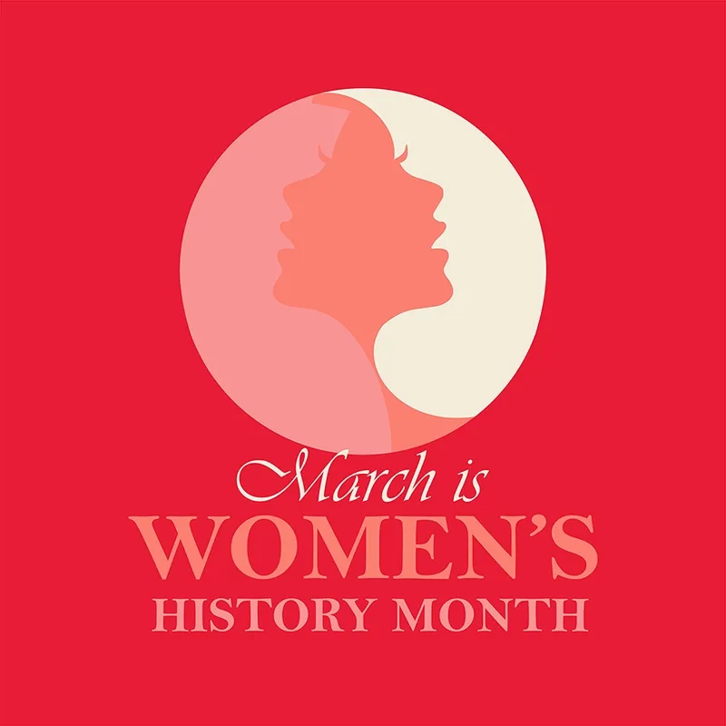 red colored graphic with woman's face in profile and words that say March is Women's History Month