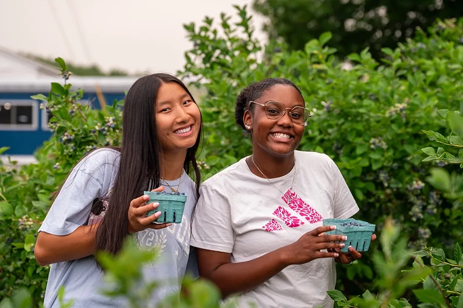 Two people pose for a photo while picking blueberries.
