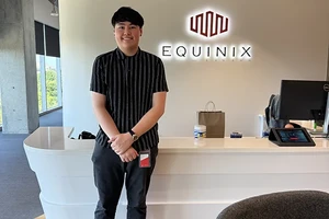 LC Student Jaden Clark stands in an Equinix office in Frisco, Texas.