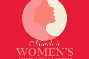 red colored graphic with woman's face in profile and words that say March is Women's History Month