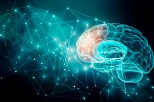 Brain illustration with prefrontal cortex emitting sparks