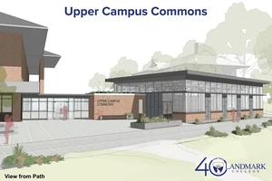 Architectural rendering of the front of the upper campus commons building.