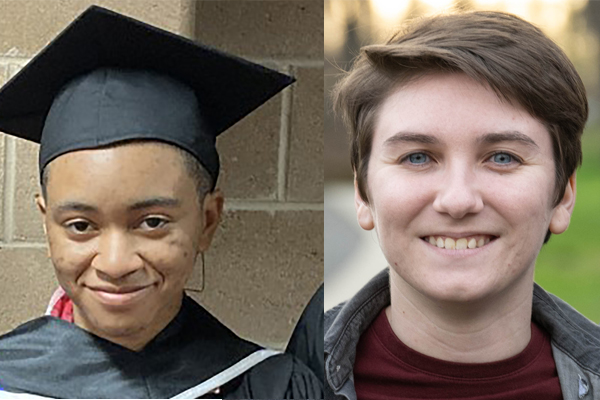 Montage of 2 student photos. At left, Student with brown eyes and dark hair tucked full under graduation cap faces camera and smiles with closed mouth. At right, Student with short brown hair and blue eyes faces the camera and smiles.