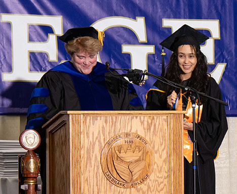 Anais Sidonia accepts the Academic Deans' Award for Associate Degree from Vice President of Academic Affairs Gail Gibson Sheffield during the 2019 Spring Commencement ceremony.
