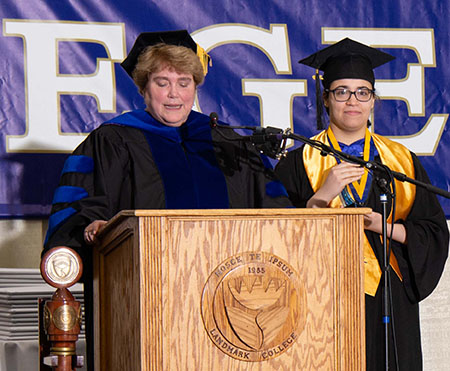 Mariah Edson accepts the Academic Dean's Award for Bachelor's Degree from Vice President of Academic Affairs Gail Gibson Sheffield during the 2019 Spring Commencement ceremony.