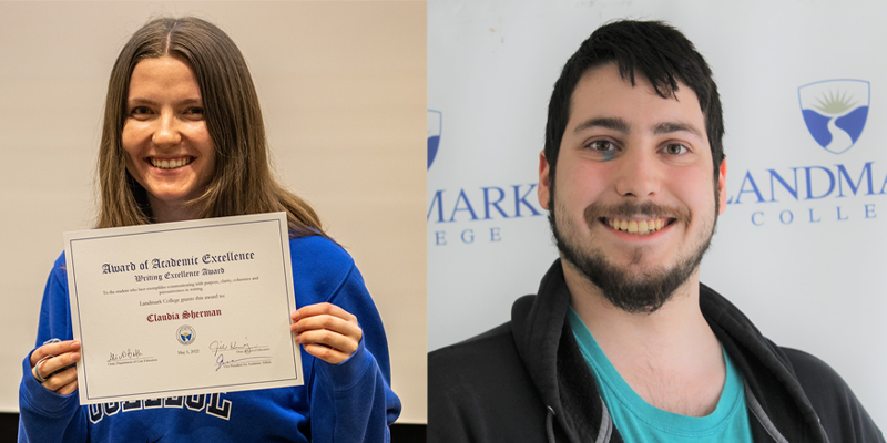 At left, headshot of woman with shoulder length brown hair holding a certificate that says writing excellence award. At right, headshot of male with short black hair and beard smiling.
