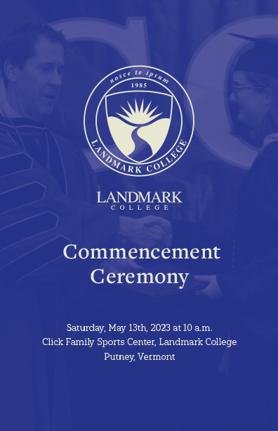The cover for the Spring 2023 Commencement Program, which is blue and includes the college seal along with the date of the event, May 13, 2023.