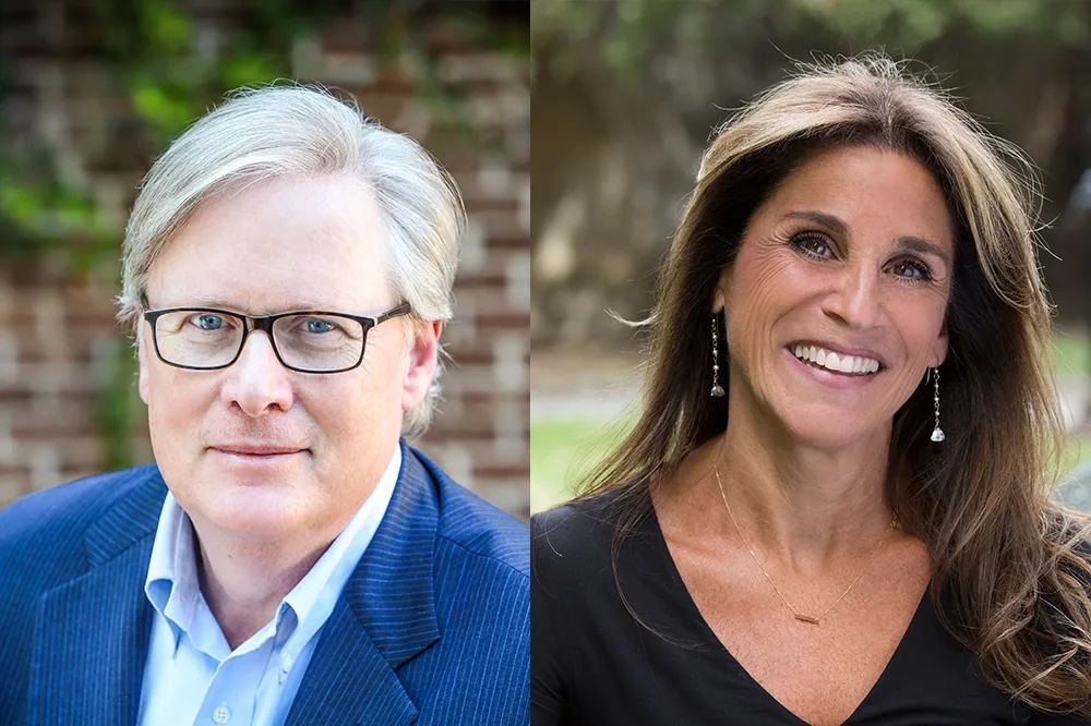 Headshot of a man with light colored hair and glasses next to a headshot of a woman with long brown hair. Both were taken outdoors.