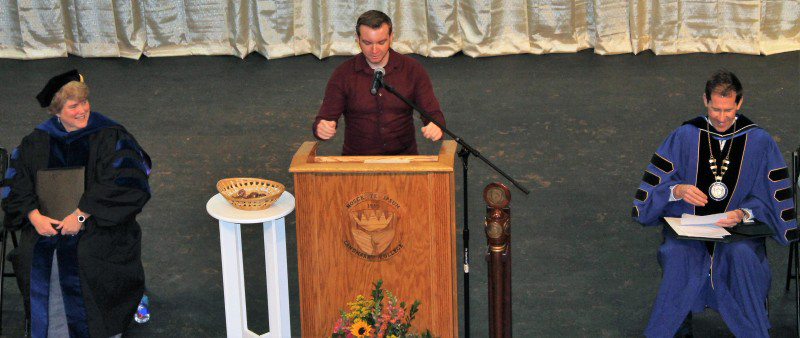 Student Ryan Linkletter gives remarks at 2019 Spring Convocation ceremony.