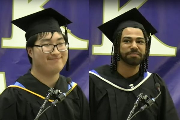 Montage of two male students in graduation caps and gowns on stage at graduation ceremony. At left, the student has short black hair and glasses. At right, the student has long braided hair and a full black beard.