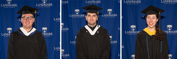 Headshots of Justin St. Martin, Devin McHale and Kayla Patterson wearing graduation regalia