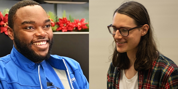 Photo montage of 2 students. At left, student with short black hair and full beard looking right of camera and smiling. He is wearing a blue t-shirt with the Landmark College logo. At right, student with long straight brown hair and brown glasses, wearing an open plaid flannel shirt with a plain white t-shirt underneath, is facing left of camera and smiling.