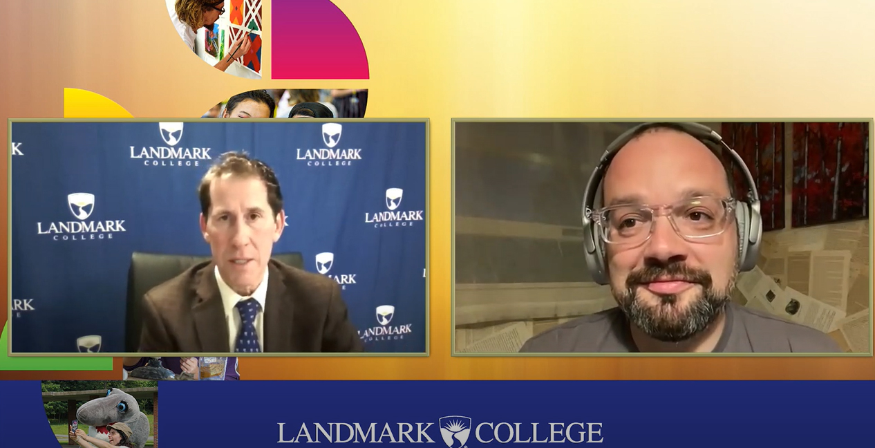 Screen capture of online conversation between Landmark College President Dr. Peter Eden on left and alumnus Mark Gessner on right.