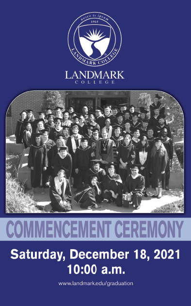 Cover of December 2021 Commencement program with College seal, black and white group photo of graduates and date/time for ceremony.
