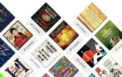 A collage of audio book covers.