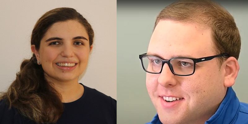 At left, headshot of woman with long black hair tied into pony tail and falling on her right shoulder. At right, headshot of male student with short brown hair and dark rimmed glasses.