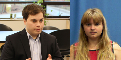 Side by side photos of Samuel Mortinger in gray shirt and black jacket with no necktie on left, on right a photo ID of Lana Deane facing camera. She has shoulder length blond hair and is wearing a multi-colored top.