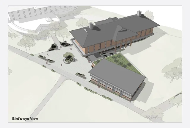 Architectural rendering of the bird's eye view of the upper campus commons building.