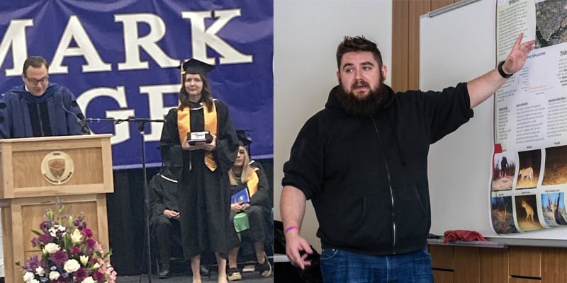 At left, Claudia Sherman standing on stage accepting Undergradaute Research Award while Dr. Adam Lalor speaks at the podium. At right, Michael Vittum in a classroom gesturing at a poster graphic.