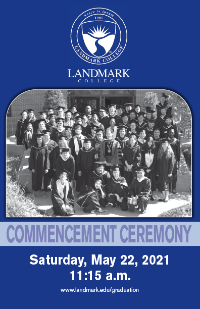 Cover of Spring 2021 Commencement program with College seal, black and white group photo of graduates and date/time for ceremony.
