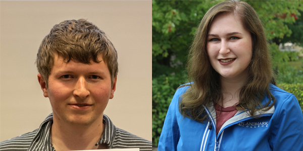 A male student with short brown hair and horizontal striped shirt faces camera and smiles slightly on left. On the right, is a young woman with long, red hair standing outdoors and smiling while facing slightly left of camera. She is wearing a light blue zip-up jacket with a Landmark College logo.