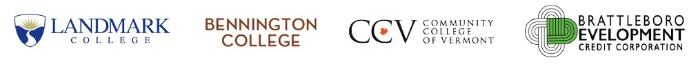 Four logos, from left to right, Landmark College, Bennington College, Community College of Vermont, and Brattleboro Development Credit Corporation.